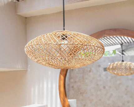 Rattan lampenkap-Boho hanglamp-Natuurlijke plafondlamp-schijfvormige lamp-plat handgeweven plafondlicht (Ø 40 cm) arana