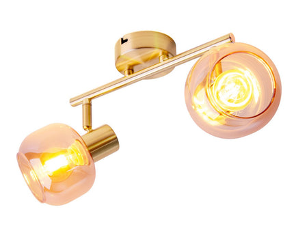 2er spot/plafondlamp "libby", klassieke plafondlamp gemaakt van messing gekleurd metaal en getinte glas in barnsteen, met E14-aansluiting, voor eetkamer, woonkamer, gang of kantoor, 40 cm lang