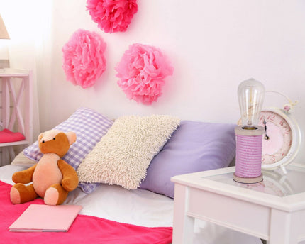 Tafellamp max. 12 cm hoog, decoratieve tafellamp gemaakt van metaal en plastic en textielmateriaal in roze wit, E27 -aansluiting, tafellamp voor eetkamer, keuken, kinderkamer, gang