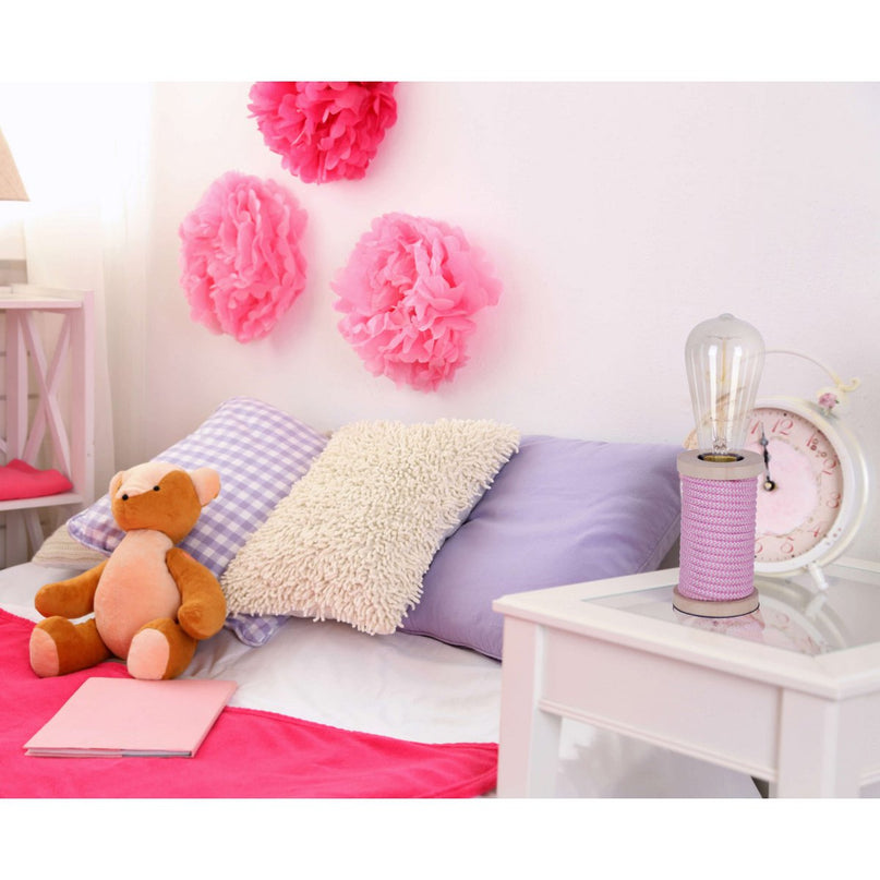 Tafellamp max. 12 cm hoog, decoratieve tafellamp gemaakt van metaal en plastic en textielmateriaal in roze wit, E27 -aansluiting, tafellamp voor eetkamer, keuken, kinderkamer, gang