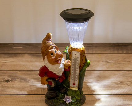 LED -decoratie Solar Light "Dwarf" met thermometer gemaakt van geschilderde polyresin, ongeveer 26 cm hoog en uitgerust met stevig geïnstalleerde LED's