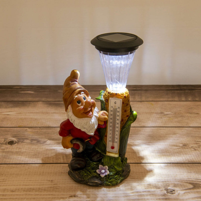 LED -decoratie Solar Light "Dwarf" met thermometer gemaakt van geschilderde polyresin, ongeveer 26 cm hoog en uitgerust met stevig geïnstalleerde LED's