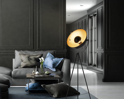 Staande lamp driekbende "Bernice", vloerlamp gemaakt van zwart en goud met E27-aansluiting, verlichting voor woonkamer, eetkamer of kantoor