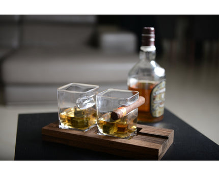 Duo whisky twee glazen houten steun 4 ijsblokjes keramiek
