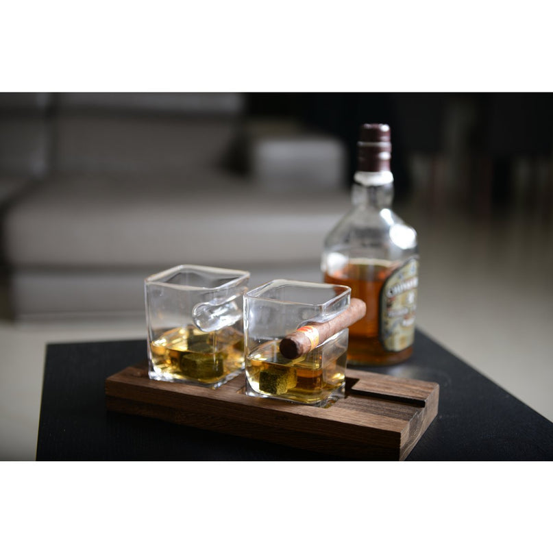 Duo whisky twee glazen houten steun 4 ijsblokjes keramiek