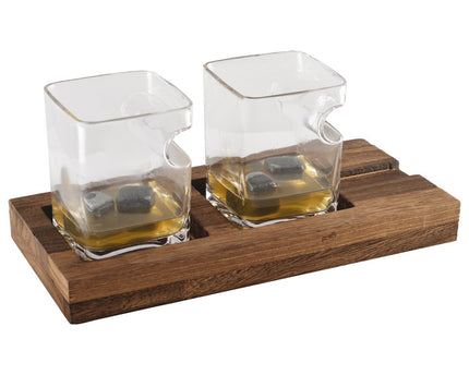 Duo whisky twee glazen houten steun 4 ijsblokjes keramiek