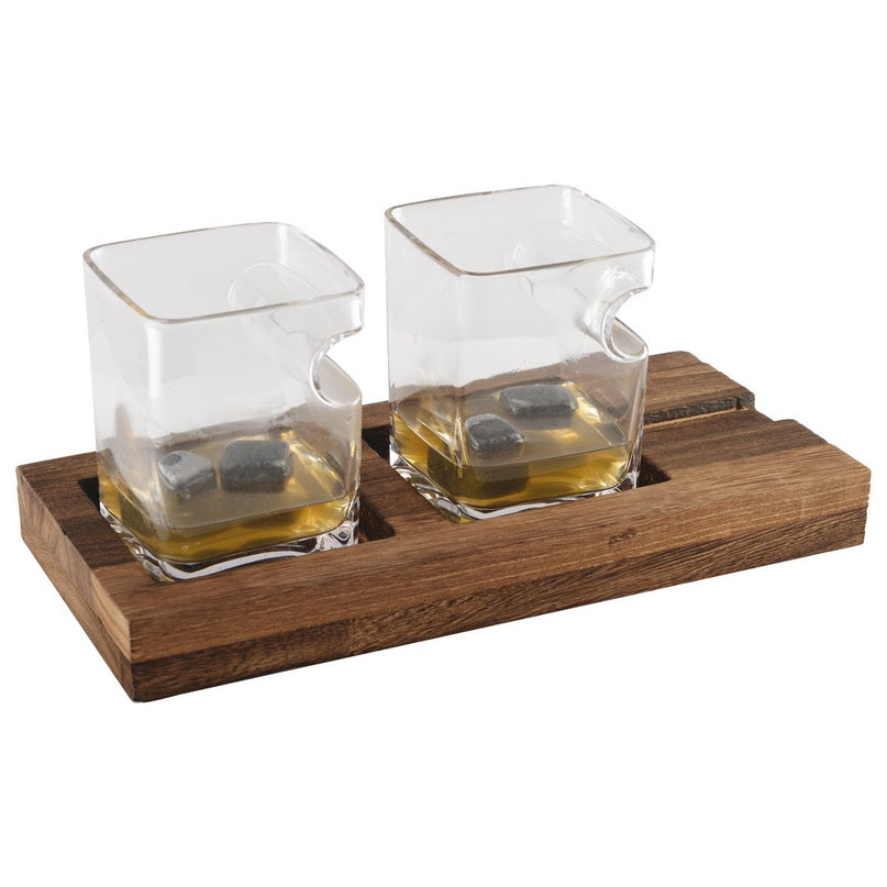 Duo whisky twee glazen houten steun 4 ijsblokjes keramiek