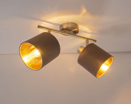 Muur en plafondlamp met 2 zitplaatsen "Maron" gemaakt van metalen satine-meter met stof paraplu's in bruin, met E14-aansluiting, lamp voor woonkamer, eetkamer, gang en kantoor, 46 x 12 cm