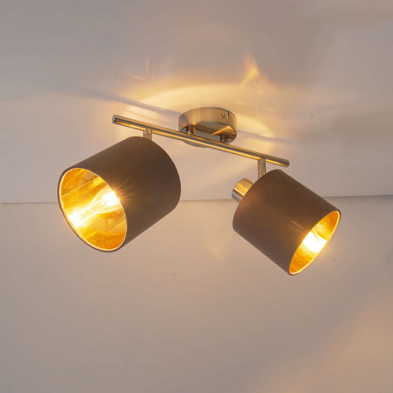 Muur en plafondlamp met 2 zitplaatsen "Maron" gemaakt van metalen satine-meter met stof paraplu's in bruin, met E14-aansluiting, lamp voor woonkamer, eetkamer, gang en kantoor, 46 x 12 cm
