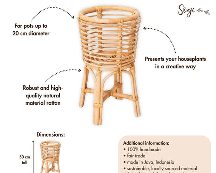 Rotan Plantenstandaard Rond – Boho Plantenbak – Rotan Plantenmand – Natuurlijke Bloemenstandaard voor Potten tot Ø20 cm AKARA