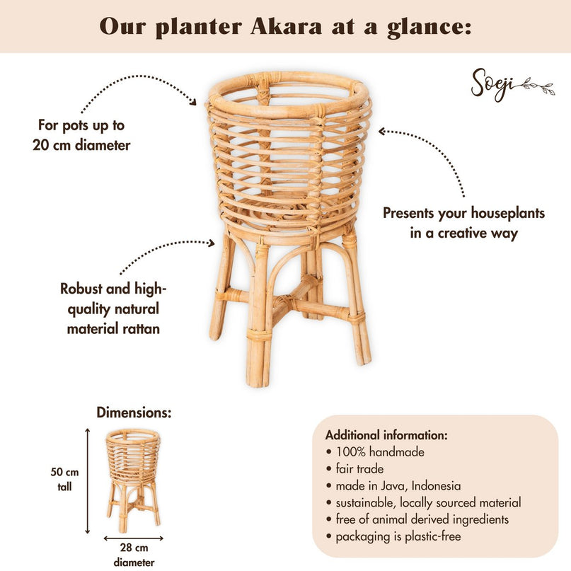 Rotan Plantenstandaard Rond – Boho Plantenbak – Rotan Plantenmand – Natuurlijke Bloemenstandaard voor Potten tot Ø20 cm AKARA
