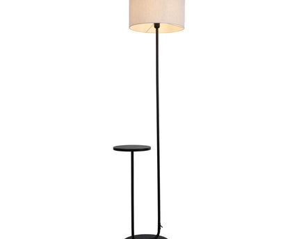 Staande lamp met geïntegreerde "tordis" -tafel gemaakt van zwart metaal en natuurlijk wit textielmateriaal, 157 cm hoog, E27