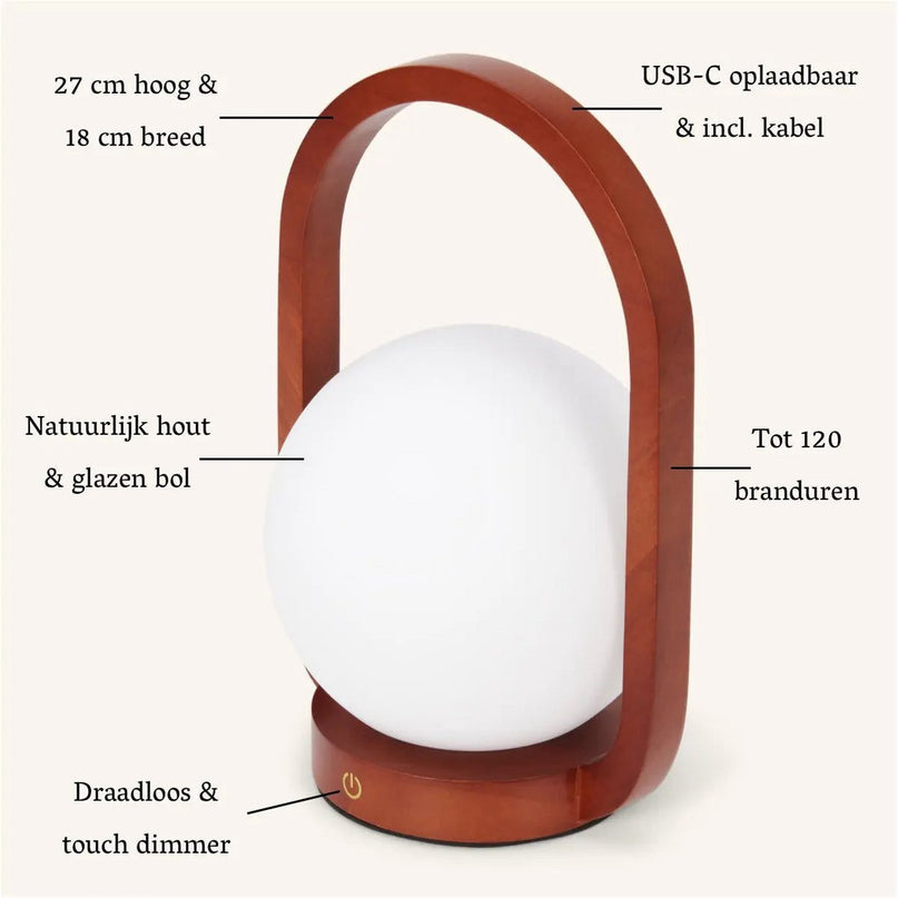 Skye kastanjebruine houten draadloze lamp | Oplaadbaar en dimbaar