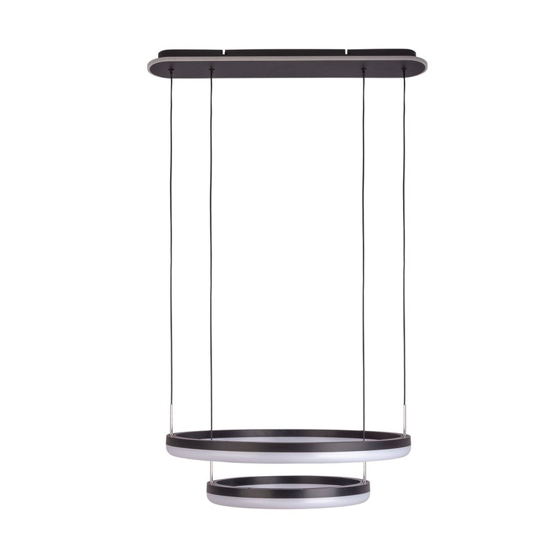 LED CCT hanglamp "Circulo" gemaakt van zwart metaal en zandkleurig plastic, met geïntegreerde LED en vele functies, Ø 60 cm, 150 cm hoog.