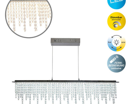 LED hanglamp "diamanten", hanglamp, metaal en kristalglas, chroom, met stevig gebouwd -in LED's, voor eetkamer, woonkamer, gang of kantoor, 120 cm lang