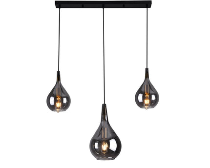 3-be hanglamp "Gota", retro klassieke hanglamp gemaakt van zwart rookglas met E27-frames, 88 cm lang, 150 hoog, ideaal voor eetkamer, woonkamer en keuken.