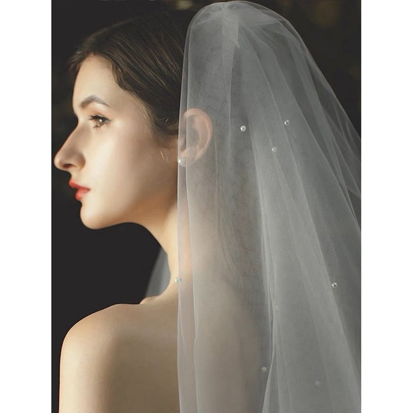 Elegante tweedelige bruidssluier met kleine parels