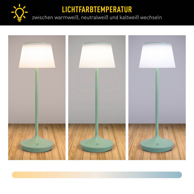 Zonne -batterijlamp "EMMI" 38 cm hoog, paraplu Ø 13 cm, metaal in mint en wit plastic, voor de buitenruimte, dimable CCT.