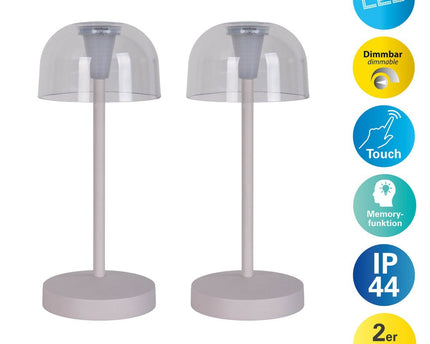 2 Set LED Battery Table Light "Gomba" voor buiten en binnen, gemaakt van metaal en plastic in wit, 18,5 cm hoog