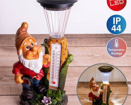 LED -decoratie Solar Light "Dwarf" met thermometer gemaakt van geschilderde polyresin, ongeveer 26 cm hoog en uitgerust met stevig geïnstalleerde LED's