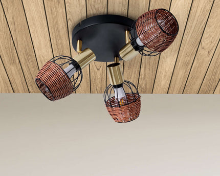 3 "Corbis" plafond Rondel, metalen plek in zwart, met goud en rattan, met E14 -aansluiting, voor eetkamer, woonkamer, gang of kantoor, verlichting voor woonkamer, eetkamer of kantoor, 38 cm diameter, diameter van 38 cm