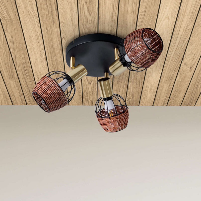 3 "Corbis" plafond Rondel, metalen plek in zwart, met goud en rattan, met E14 -aansluiting, voor eetkamer, woonkamer, gang of kantoor, verlichting voor woonkamer, eetkamer of kantoor, 38 cm diameter, diameter van 38 cm