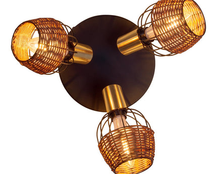 3 "Corbis" plafond Rondel, metalen plek in zwart, met goud en rattan, met E14 -aansluiting, voor eetkamer, woonkamer, gang of kantoor, verlichting voor woonkamer, eetkamer of kantoor, 38 cm diameter, diameter van 38 cm