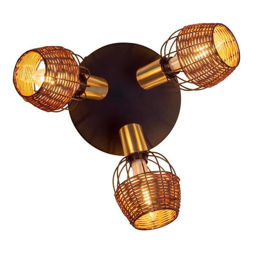 3 "Corbis" plafond Rondel, metalen plek in zwart, met goud en rattan, met E14 -aansluiting, voor eetkamer, woonkamer, gang of kantoor, verlichting voor woonkamer, eetkamer of kantoor, 38 cm diameter, diameter van 38 cm