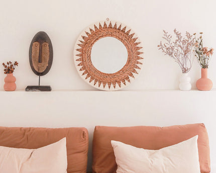 Ronde Boho Spiegel 60 cm | Handgemaakte geweven wandspiegel AWAN | Wanddecoratie met patroon gemaakt van katoenen koorden