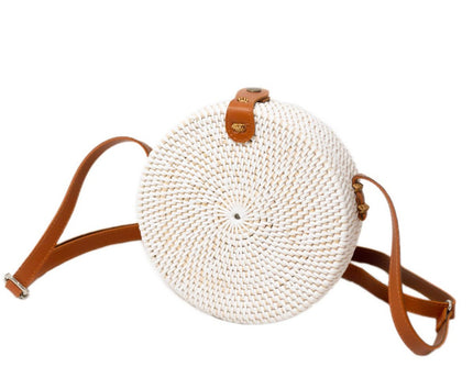 Ronde rotan tas witte handgemaakte crossbody tas met synthetische lederen riemen schoudertas Boho Bali tas SENJA (wit)