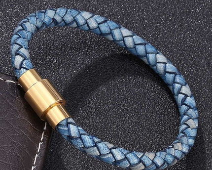 Gevlochten lederen herenarmband-gouden gesp
