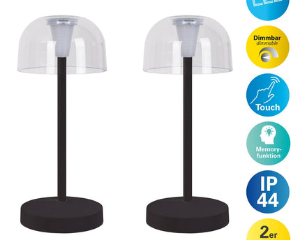 2 Set LED Battery Table Light "Gomba" voor buiten en binnen, gemaakt van metaal en plastic in zwart, 18,5 cm hoog