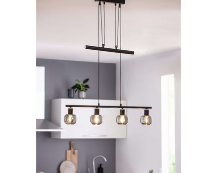 4 hanger lamp "fumoso", hanglamphoogte verstelbaar gemaakt van metaal en rookglas in zwart, met E14 -aansluiting, voor eetkamer, woonkamer, gang of kantoor, 78 x 10 cm