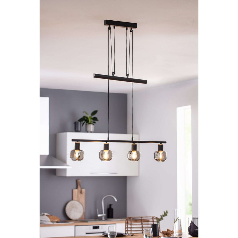 4 hanger lamp "fumoso", hanglamphoogte verstelbaar gemaakt van metaal en rookglas in zwart, met E14 -aansluiting, voor eetkamer, woonkamer, gang of kantoor, 78 x 10 cm