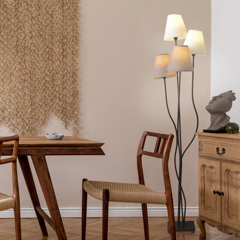 Textiel staande lamp 4-flame "boho", vloerlamp in beige/bruin, met E14-aansluiting, voor eetkamer, woonkamer, gang of kantoor, 138 cm hoog