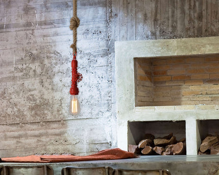 Hanger lamp "regia", rood metaal, henneptouw, E27 -versie, verlichting voor woonkamer, jeugdruimte of kantoor