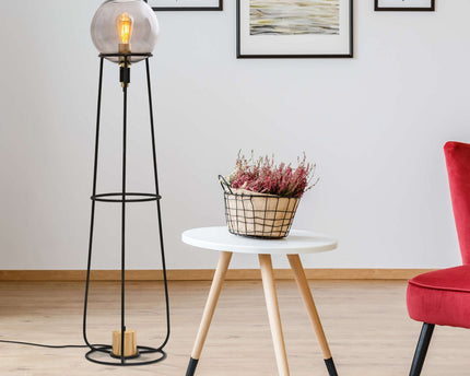 Stapellamp "stelo", moderne vloerlamp gemaakt van zwart metaal en rookglas, E27 -aansluiting, 128,5 cm hoog, voor eetkamer, woonkamer, gang of kantoor,