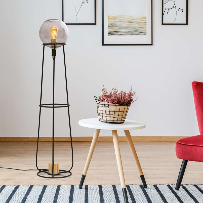 Stapellamp "stelo", moderne vloerlamp gemaakt van zwart metaal en rookglas, E27 -aansluiting, 128,5 cm hoog, voor eetkamer, woonkamer, gang of kantoor,