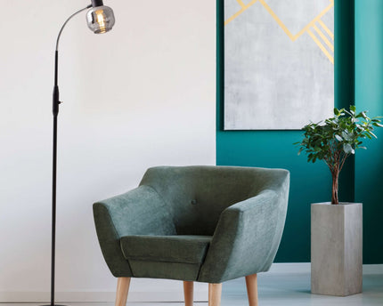 Glas-stand-lamp "Fumoso", vloerlamp gemaakt van metaal en glas in zwart, met E14-aansluiting, voor eetkamer, woonkamer, hal of kantoor, vloerlamp binnen, 150 cm hoog.