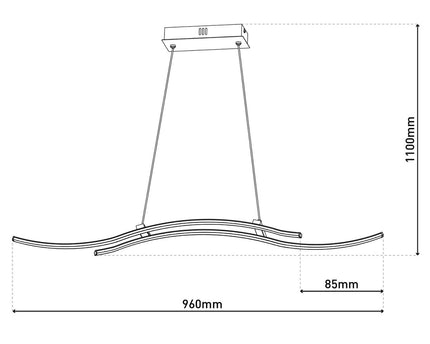 LED hanglamp "onda", hanglamp gemaakt van metaal en plastic in zwart, met stevig ingebouwde LED's, verlichting voor woonkamer, eetkamer of kantoor, 96 cm lang