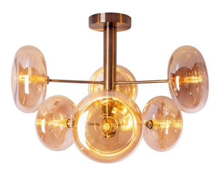 Plafondlamp "Orion" Ø ongeveer 53 cm barnsteen, gemaakt van messing gekleurd metaal en glas in barnsteen, G9-basis, verlichting voor woonkamer, eetkamer of kantoor.