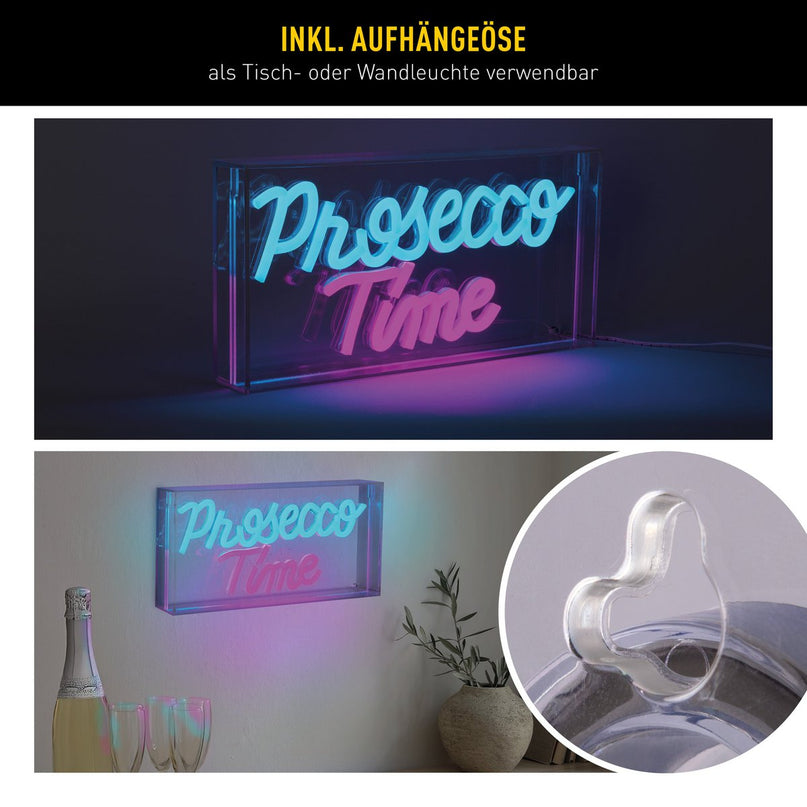 LED-lettertype Light "Prosecco Time" decoratie voor binnen 30 x 15 cm, in blauw en magenta-rood