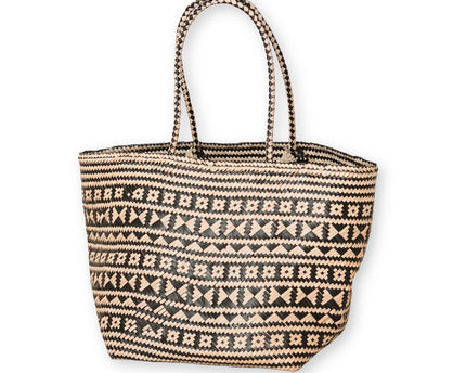 Boho Tote Bag – Zeegras Zomertas – Schouder Strandtas – Geweven Natuurlijke Tas – Grote Boho Boodschappentas KIDUL (zwart)
