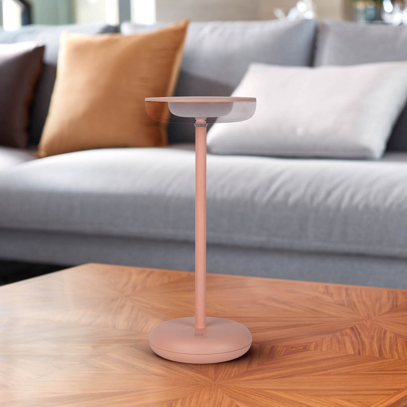 Noteloze tabletlicht "PASI" voor buiten en binnen, gemaakt van metaal en plastic in roze, dimbaar, met aanraking en geheugenfunctie, ca. 26 cm hoog