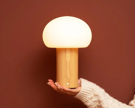 Sam lichtbruine houten tafellamp met glas en oplaadbare batterij | Dimbare en veelzijdige verlichting