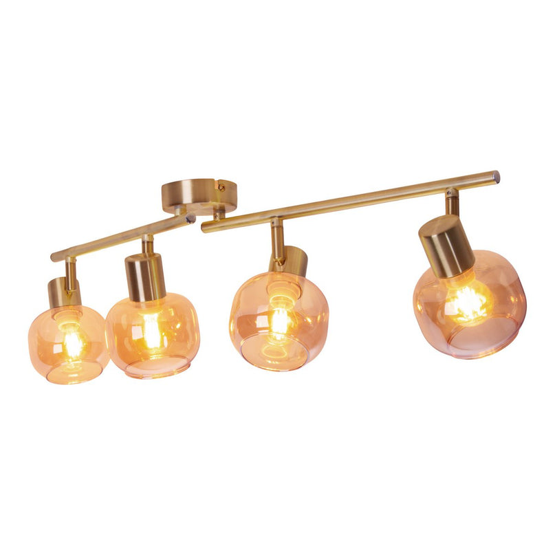 4er spot/plafondlamp "libby", klassieke plafondlamp gemaakt van messing gekleurd metaal en getinte glas in barnsteen, met E14-aansluiting, voor eetkamer, woonkamer, gang of kantoor, 80 cm lang