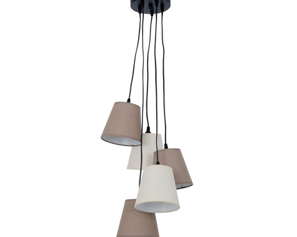 Textiel hanger lamp "boho", jong wonen, hangende lamp met 5 textiel parasols in beige en bruin, met E14 -aansluiting, voor eetkamer, woonkamer, gang of kantoor, 95 cm hoog