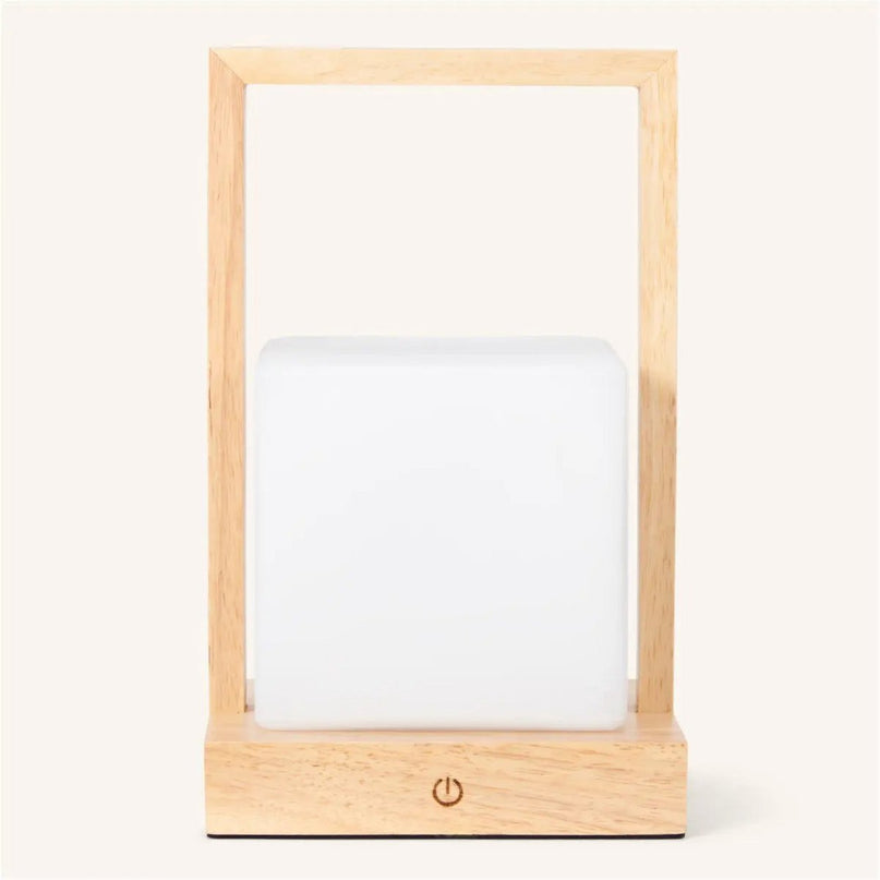 Noah lichtbruine houten oplaadbare tafellamp met glas en houten handgreep