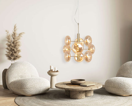 Hanger lamp "Orion" Ø ca. 53 cm, gemaakt van messing gekleurd metaal en glas in barnsteen, G9-sockets, verlichting voor woonkamer, eetkamer of kantoor.
