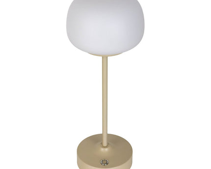 LED -batterij/ tafellamp "Pina" 30 cm hoog, gemaakt van metaal (beige) en glas (wit), geïntegreerde LED's, warm wit